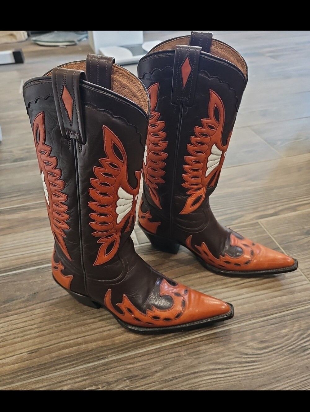 LANE Women's Brown Leather Western Cowboy Boots with Orange & White Inlay